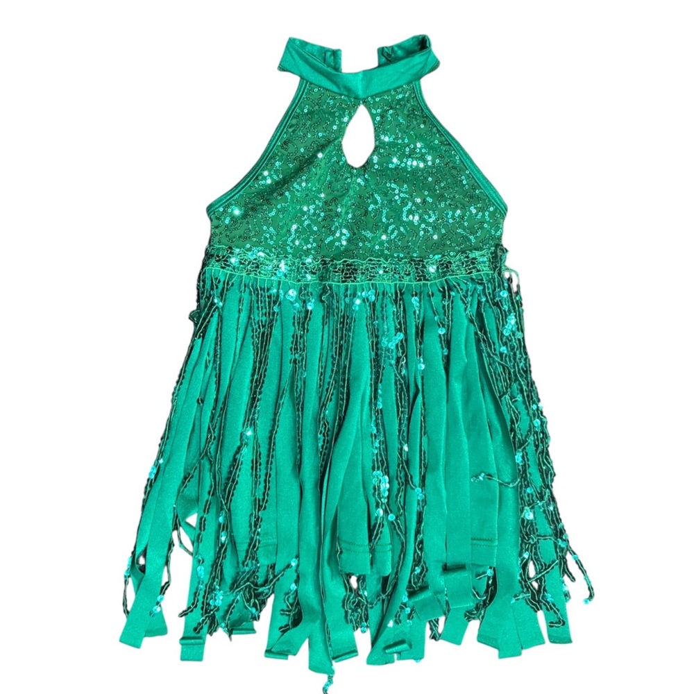 Costume Gallery | ObsessionSparkling Green Sleeveless Leotard Fringe Large Child